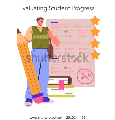 Teacher's profession concept. Educator stands with oversized pencil while grading exams, representing academic evaluation. Vector illustration.
