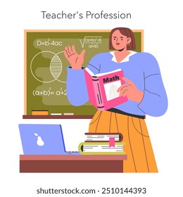 Conceito de profissão de professor. Um educador de matemática se coloca diante de um quadro-negro, engajando-se em ensinar com um livro didático em mãos. Vitalidade em sala de aula, instrução acadêmica. Ilustração vetorial.