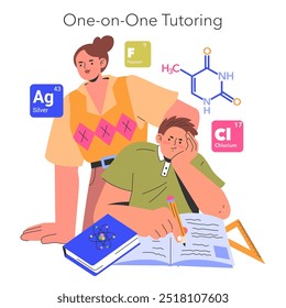 Teacher's profession concept. A tutor guides a student through chemistry studies in a one-on-one session. Personalized education, academic assistance. Vector illustration.