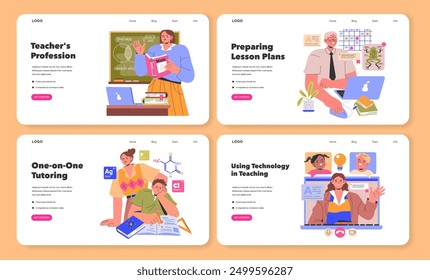 Teacher's profession set. Education themes from classroom teaching to technology integration. Math instruction, lesson planning, private tutoring, digital learning. Vector illustration.