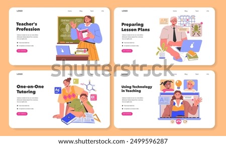 Teacher's profession set. Education themes from classroom teaching to technology integration. Math instruction, lesson planning, private tutoring, digital learning. Vector illustration.