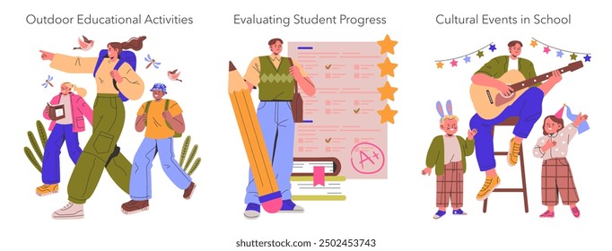Teachers' Profession set. Showcasing outdoor learning, evaluation techniques, and school events. Dynamic education environment, performance assessment, and celebrating milestones. Vector illustration.