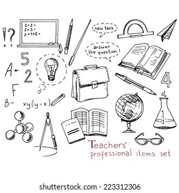 Teachers' professional items set, hand-drawn design elements, vector illustration with a set of teachers' items.