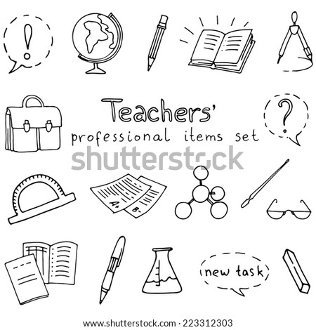 Teachers' professional items set, hand-drawn design elements, vector illustration with a set of teachers' items.