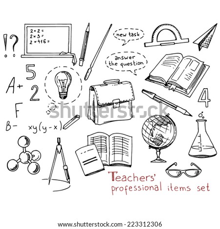 Teachers' professional items set, hand-drawn design elements, vector illustration with a set of teachers' items.