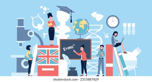 Teachers professors scene. Science and education, research and teaching. Student study book, educational project recent vector concept