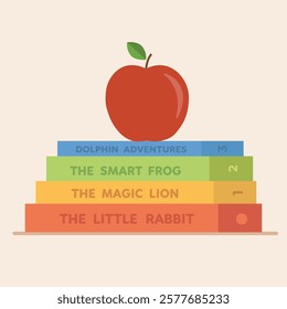 The teacher's red apple is over colorful children's books. Editable flat vector illustration design of an apple over books in horizontal position