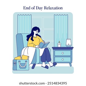 Teacher's relaxation time illustration. Comfortable reading nook with a content educator unwinding after school hours. Vector illustration.