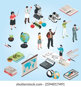 Teachers and school flowchart with teacher profession symbols isometric