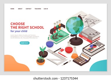 Teachers and school page design with education symbols isometric vector illustration