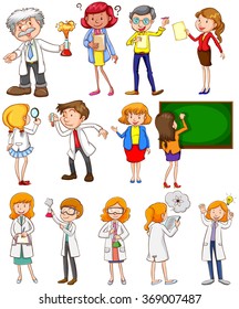 Teachers and scientists in different actions illustration