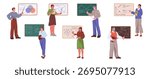 Teachers and scientists standing by boards and teaching various subjects. Vector isolated professors educating chemistry and physics, mathematics and social sciences. Characters with pointers