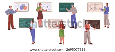 Teachers and scientists standing by boards and teaching various subjects. Vector isolated professors educating chemistry and physics, mathematics and social sciences. Characters with pointers