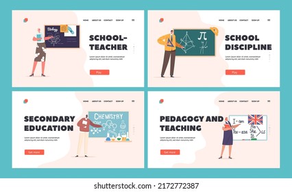 Lehrer stehen beim Vorlagensatz für Blackboard-Landing-Page. Tutoren unterrichten Biologie, Geometrie, Chemie und englische Sprache. Charaktere erklären Schülern Unterricht. Vektorgrafik von Cartoon People