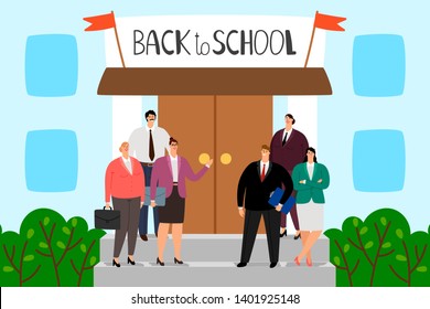 Teachers stand on the steps of the school. Welcome back to school vector illustration. School teacher and building, knowledge learning