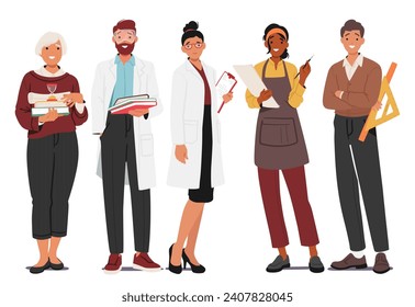 Teachers Stand In Orderly Rows, United Front Of Knowledge And Guidance. Each Poised Figure Embodies Education, Imparting Wisdom With A Collective Commitment To Shaping Young Minds. Vector Illustration