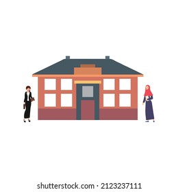 teachers standing beside school. Flat vector design illustration background