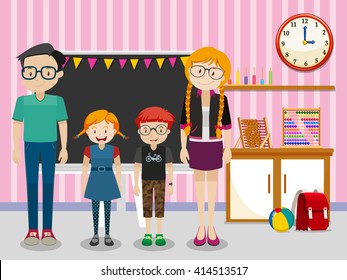 Profesores y estudiantes en ilustraciones de aula