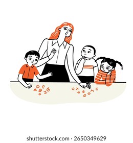 Teachers and students are playing a word game. Hand drawing vector illustration.