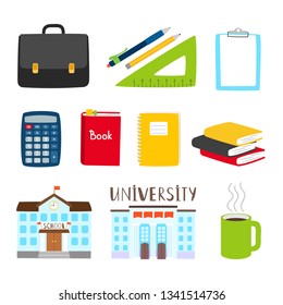 Iconos de herramientas para profesores y estudiantes. Temas de Vector para la colección de dibujos animados de estudio. Ilustración de la escuela de construcción y el libro del organizador