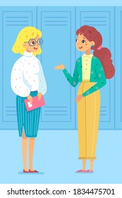 Teachers talking at school hall. Happy women standing together and talking during break, smiling. Education vector illustration. Blue lockers in background. Female friendship.