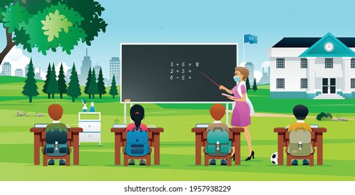 Teachers teach students outside of the classroom to prevent the spread of Covid-19 in schools.