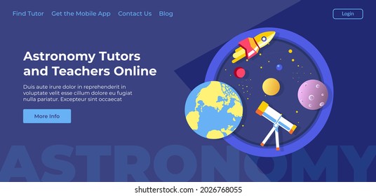 Teachers and tutors helping to learn astronomy discipline in internet. Resource with courses and online lessons for obtaining knowledge. Website or webpage template, landing page flat vector