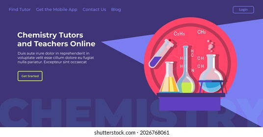 Teachers and tutors online, chemistry lessons and private classes in internet. Professional help with discipline in school or university. Website or webpage template, landing page flat vector
