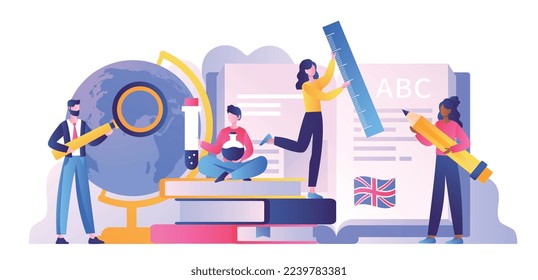 Teachers at work. Men and women with school supplies near books, textbooks. Distance education, learning and training. Chemistry, English and Geography concept. Cartoon flat vector illustration