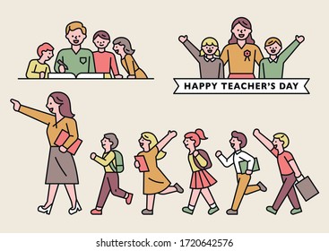 Teachers and young students. Teacher's Day. flat design style minimal vector illustration.