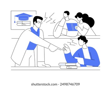 Teacher-student conflict isolated cartoon vector illustrations. Young student boy having conflict with his teacher, university education problem, quarrel with a professor vector cartoon.