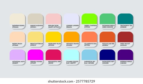 Teaching Assistant Color Guide Palette with Color Names. Catalog Sample Teaching Assistants with RGB HEX codes and Names. Colors Palette, New Assistant Color Palette, Fashion Trend Color Palette 2027