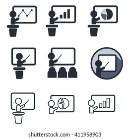 Teaching And Audience Flat Icon Set Isolated On White. Training Or Demonstration Symbol With Diagrams And Charts. Man Standing With Pointer Next To School Board. 