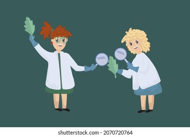 Teaching Biology to children. Children in the laboratory view plants through a magnifying glass. Biology is taught at school. Science for children. Vector illustration