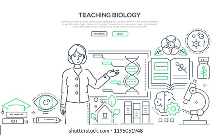 Teaching Biology - Colorful Line Design Style Banner On White Background With Place For Text. Composition With Female Teacher Standing At The Board. Images Of Microscope, Flasks, Books, Timer, Pipette