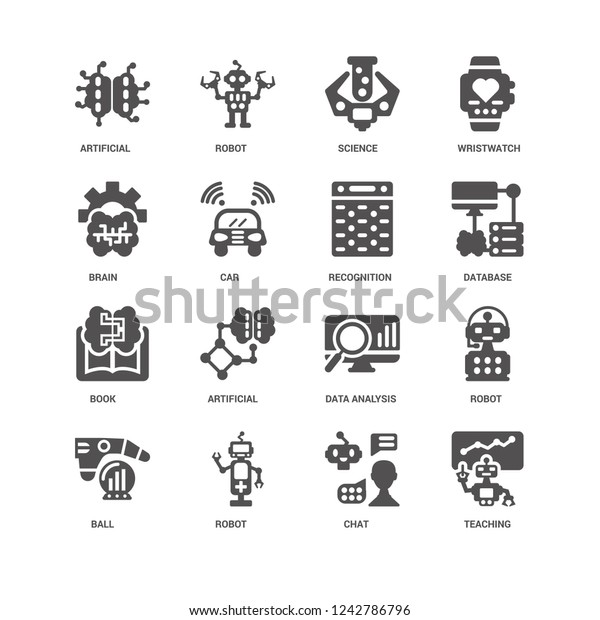 Teaching, Car, Artificial intelligence,\
Robot, Data analysis, Chat icon 16 set EPS 10 vector format. Icons\
optimized for both large and small\
resolutions.