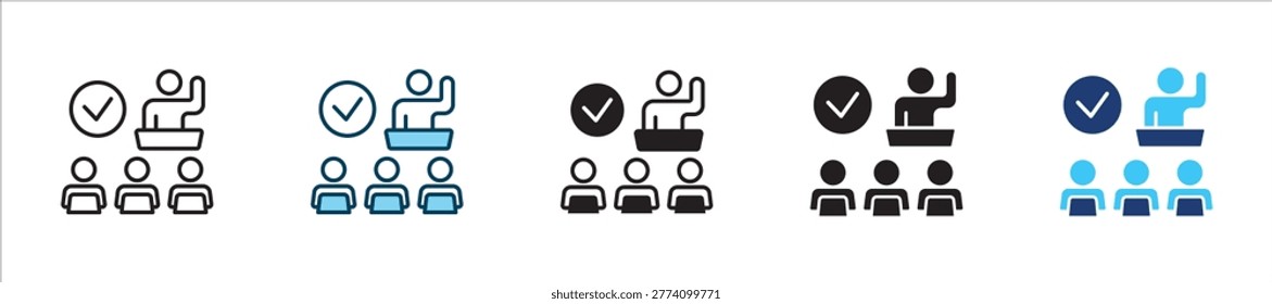 Teaching with checkmark board icon set. Icon symbol usable for: education, learning, training, validation, success, assessment, classroom, instruction, knowledge. Vector illustration
