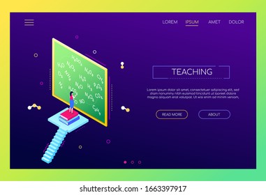 Teaching chemistry- modern isometric vector web banner on purple background with copy space for text. An illustration with a young female teacher writing formulas on the board. Education theme