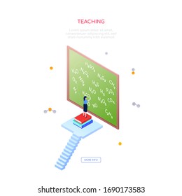 Teaching chemistry- modern isometric vector web banner on white background with copy space for text. An illustration with a young female teacher writing formulas on the board. Education theme