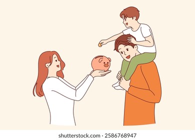 Teaching child financial literacy in young family, using pig piggy bank to save money. Parents who know about financial literacy help little boy accumulate first capital in preschool age.