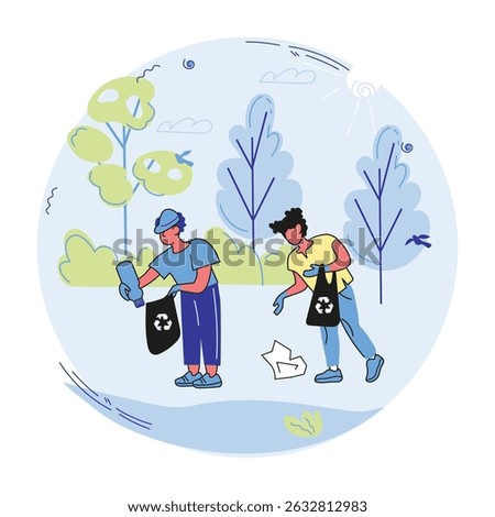 Teaching children about the importance of recycling and cleaning up garbage in nature. Preserving our environment educational activities to engage children in protecting our planet, vector.