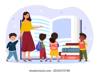 Teaching children concept. Teacher reads an educational book to young children. Preschool education. Classes in kindergarten. Cartoon modern flat vector illustration isolated on a white background