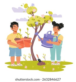 Teaching children  of gardening by planting   trees together. Teaching children about nature and responsibility concept. Boy and girl  planting trees and flowers, flat  vector illustration on white. 