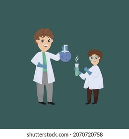 Teaching children in the laboratory. The boy conducts an experiment with the teacher. They teach Chemistry at school. Science for children. Vector illustration