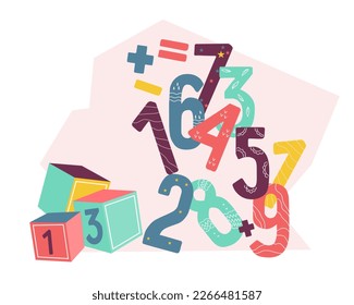 Teaching children math and arithmetic, banner or emblem design with numbers and cubes. Mathematic and counting for children.