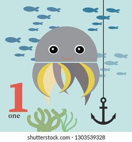 Teaching children numbers, cute octopus will help you figure one. Excellent vector illustration will serve as a tutorial as well as for any design.