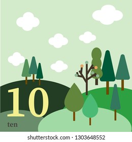 Teaching children numbers, trees in the forest will help you learn the number ten. The illustration will be used as a tutorial as well as for any design.