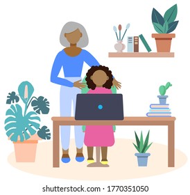 Teaching children online. Home classes with children. An African-American family. Grandma helps her granddaughter with homework. Flat style vector illustration isolated on white background.