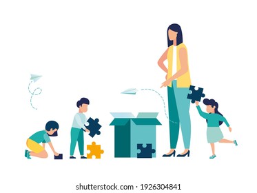 Teaching children to order and cleaning, communication and play, funny children obey the teacher by collecting puzzles, vector illustration 
