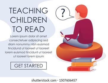 Teaching Children to Read Online Application Webpage. Cartoon Child Sitting Turned Back, Reading Book. Flat Question Mark in Speech Bubbles. Stack Paper Editorial Materials. Vector Flat Illustration